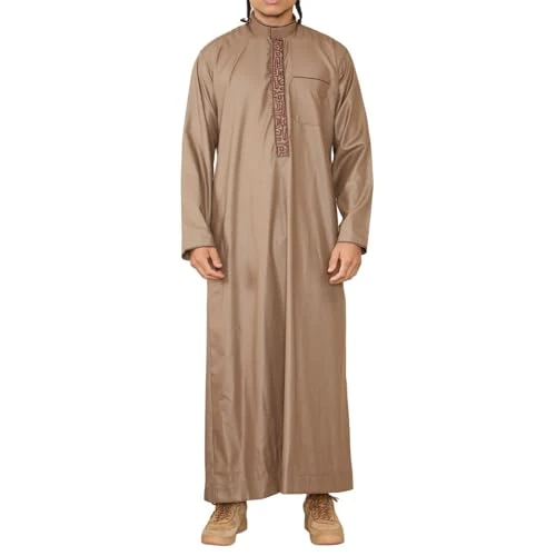 Mens Brown Thobe Jubba Emirati Islamic Arabic Eid Embroidery Kaftan Jubbah Robe