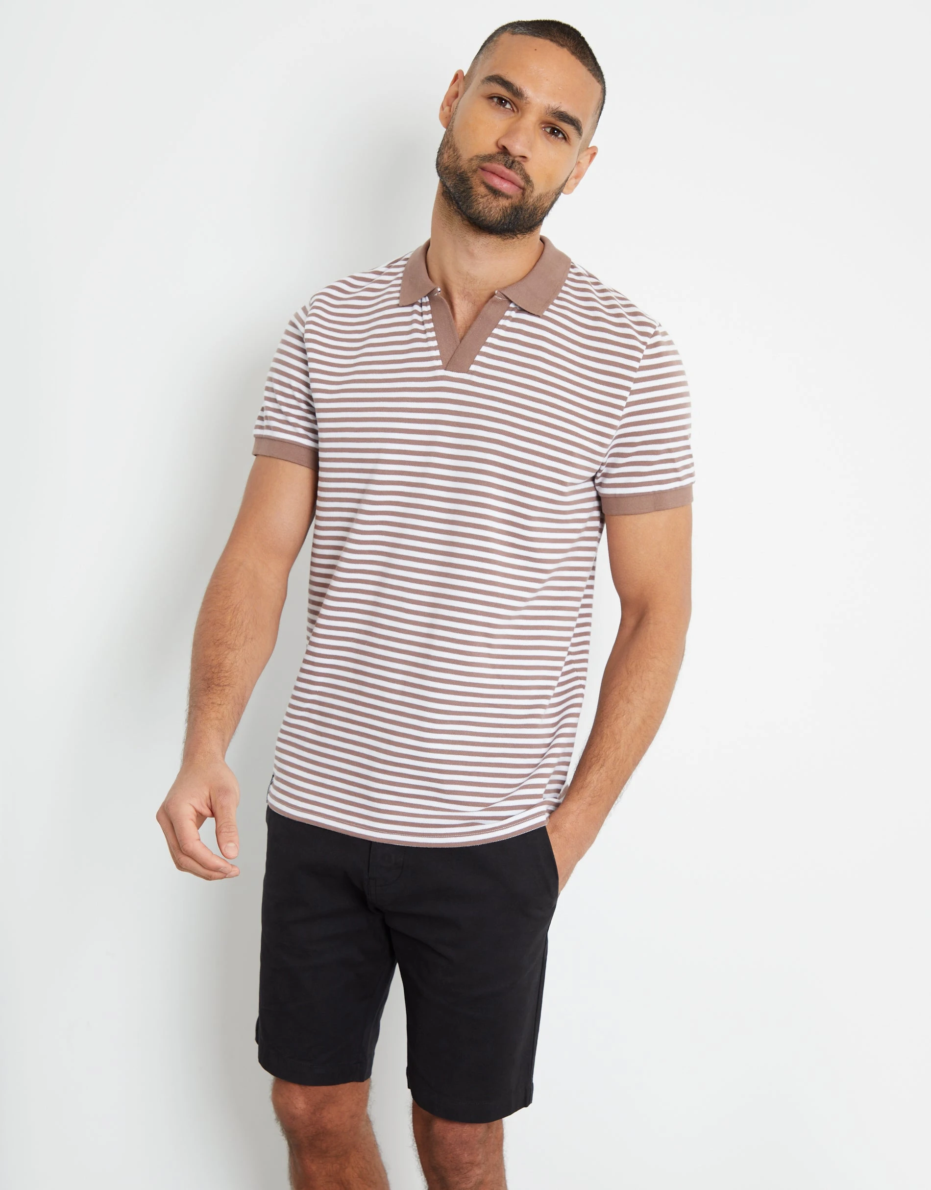 Men's Brown & White Stripe Open Neck Collar Polo Shirt