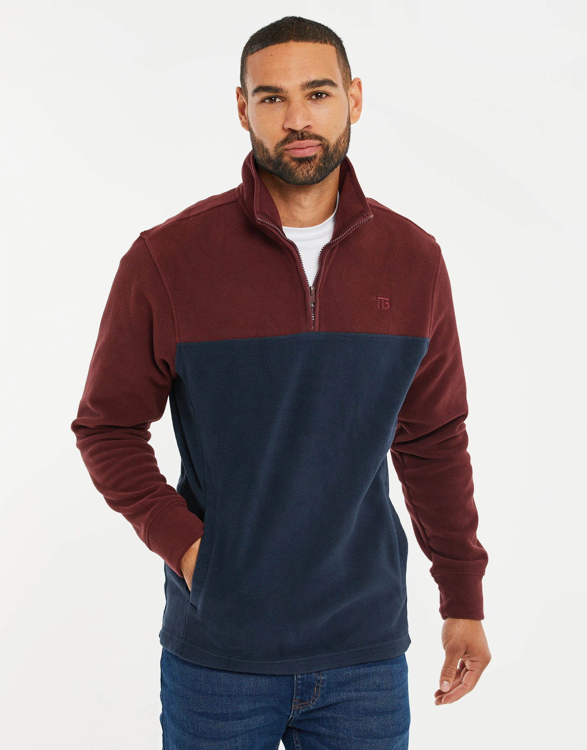 Men's Burgundy & Navy Colourblock Quarter Zip Fleece