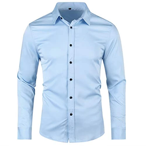 Men's Business Shirts Long Sleeve Slim Fit Shirts Button Down Plain Dress Shirt for Wedding Light Bl