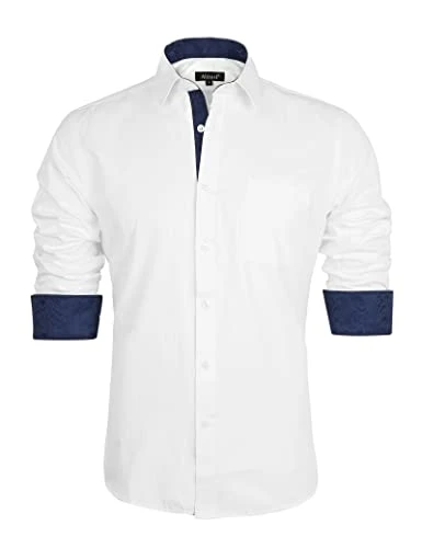 Mens Business Slim Fit Dress Shirt Long Sleeve Patchwork Button Closure Shirt, White+Navy-L