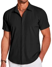 Men's Button Down Shirts Casual Short Sleeve Summer Beach Shirt Lightweight Textured Wrinkle Free St