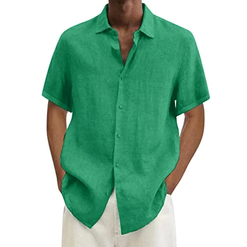 Mens Button Down T-Shirts Solid Color Summer Tee Shirt Short Sleeve V-Neck Loose Casual Tunic Top Black Polo Shirts for Men UK Beach Leisure Work Business Cotton T Shirt(A2-Green,S)