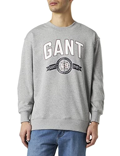 Men's C-Neck Retro Crest Sweater, Grey Melange, M