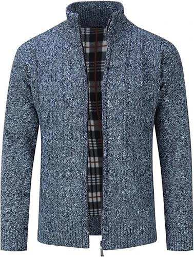 Mens Cable Fleece Lined Sweaters (UK, Alpha, L, Regular, Regular, Blue Melange)