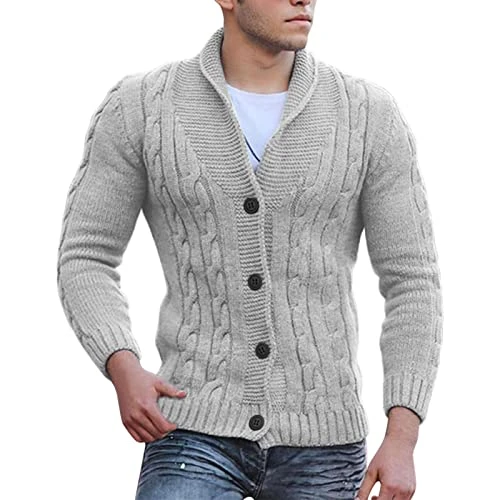 Men's Cable Knit Shawl Collar Loose Fit Long Sleeve Casual Cardigans Men's Coat A Line Knitted Jumpe