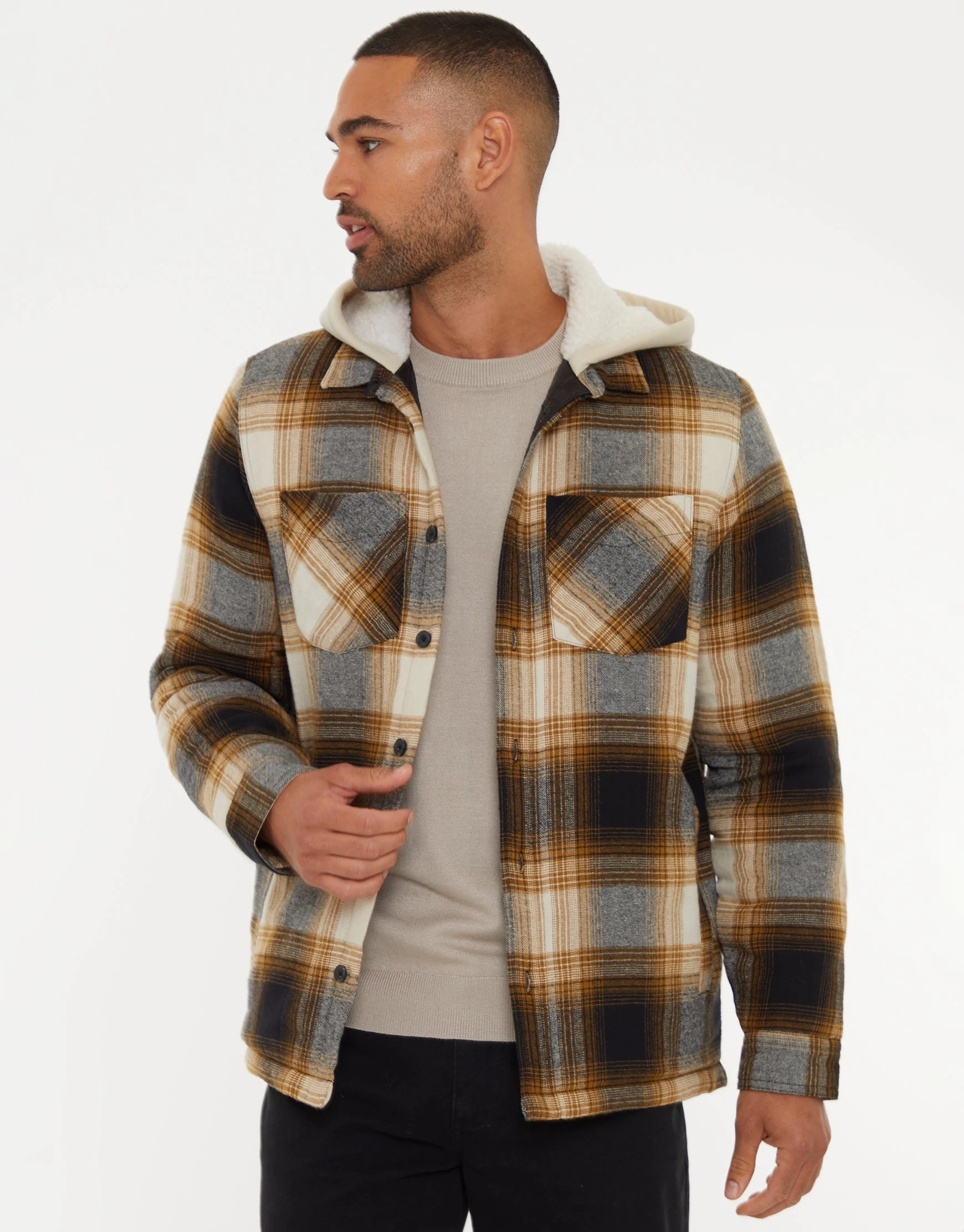 Men's Camel Check Shacket with Borg-Lined Hood