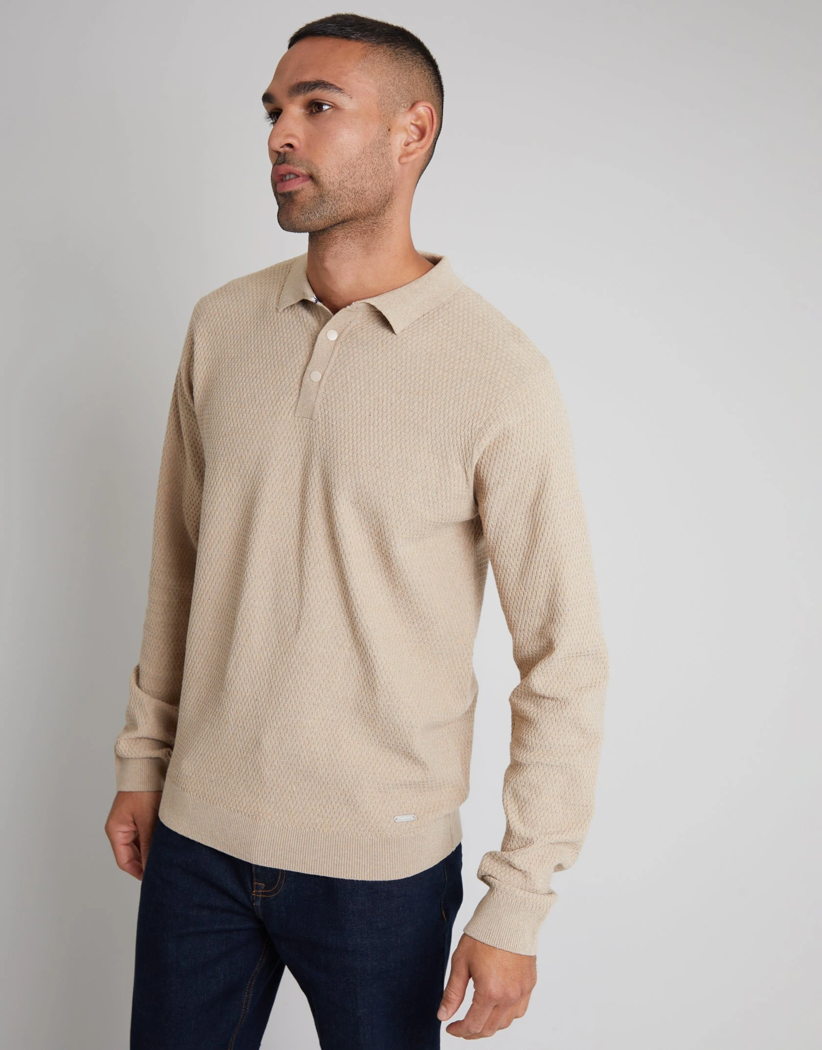 Men's Camel Long Sleeve Popper Fastening Knitted Polo