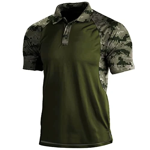 Mens Camouflage Outdoor Polo Shirt Short Sleeves Military Tactical Golf T-Shirts Athletic Moisture Wicking Casual Tees(Grey,X-Large)