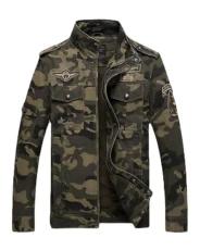 Men's Camouflage Print Bomber Jacket Smart Casual Stand Collar Coat with Multi-Pockets Army Green S