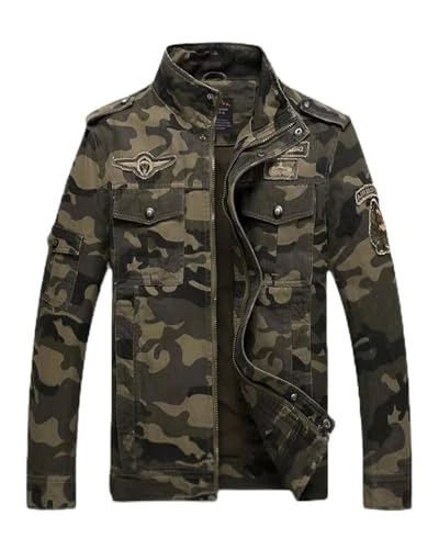 Men's Camouflage Print Bomber Jacket Smart Casual Stand Collar Coat with Multi-Pockets Army Green S