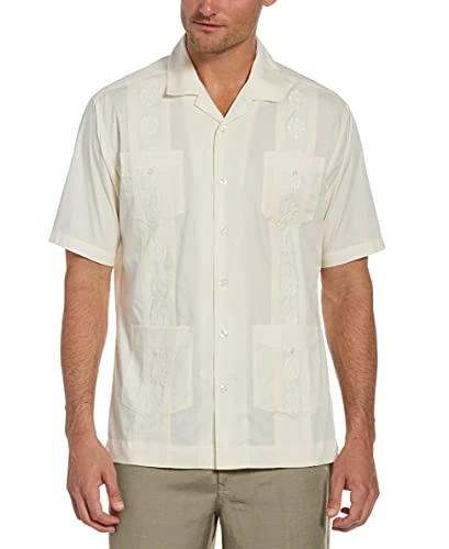 Men's Camp Collar Embroidered Guayabera Shirt, Ivory, Large