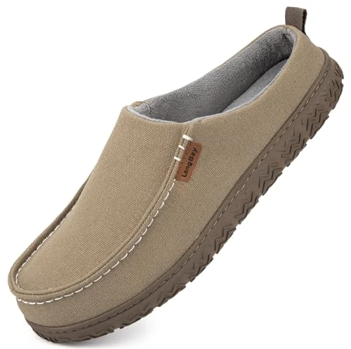 Men's Canvas Memory Foam Slippers Breathable Slip-On House Shoes Non-Slip Indoor Outdoor Khaki, 10-1