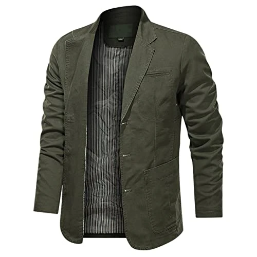 Mens Canvas Suit Jacket Long Sleeve Regular Fit Casual Fashion Cotton Blazer Turn-Down Collar 3-Button Jackets Lightweight Sports Coats Army Green