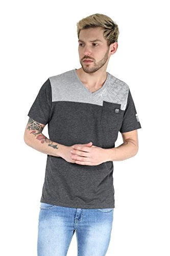 Mens Cap Sleeve V Neck CONZONE Contrast Top Pocket Cross Hatch Branded T Shirt Charcoal