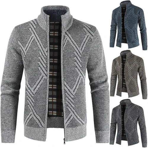 Mens Cardigan Causal Knitted Jumper Thick Sweater Mens Zip Up Cardigans Slim Fit Stand Collar Turn Down Collar Fleece Lined Autumn Winter Sweatshirts Tops for Men(Grey,M)