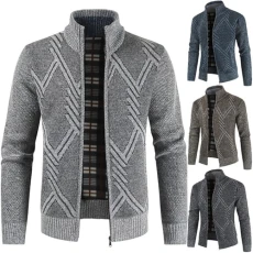 Mens Cardigan Causal Knitted Jumper Thick Sweater Mens Zip Up Cardigans Slim Fit Stand Collar Turn Down Collar Fleece Lined Autumn Winter Sweatshirts Tops for Men(Grey,M)