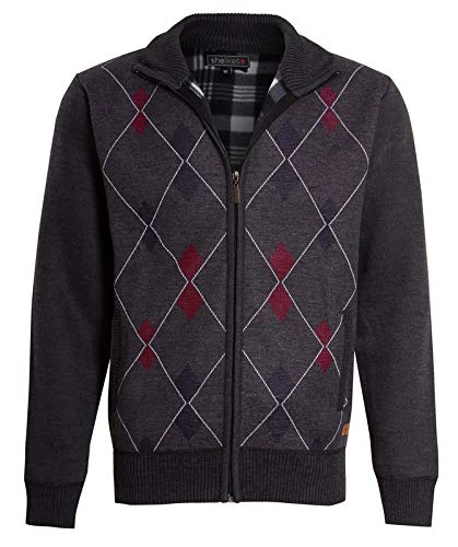 Mens Cardigan Diamond Pattern Check Fur Line Zip Up Long Sleeve Knitwear Pocket Grandad Jumper Sweat