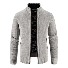Mens Cardigan Full Zip Knitted Sweater Chunky Knit Jacket Front Stand Collar Long Sleeve Jumper Outwear