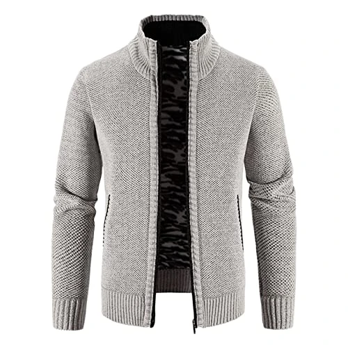 Mens Cardigan Full Zip Knitted Sweater Chunky Knit Jacket Front Stand Collar Long Sleeve Jumper Outwear