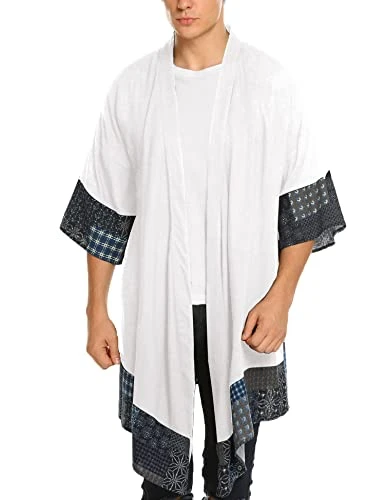 Mens Cardigan Lightweight Cotton Sweater Kimono Style Cloak Open Front Cape,White,Small, White, S