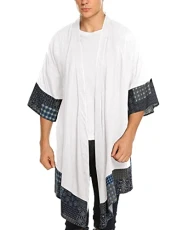 Mens Cardigan Lightweight Cotton Sweater Kimono Style Cloak Open Front Cape,White,Small, White, S
