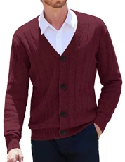 Men's Cardigan Sweater Cable Knit V Neck Button up Sweaters Ribbed Cardigan Sweater with Po