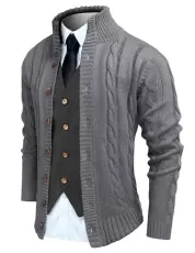 New Trending Men's Cardigan Sweater Slim Fit Stand Collar Cardigan Casual Cable Knitted Button Down Swea