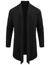 Mens Cardigan Sweaters Shawl Collar Chunky Long Sleeve Knit Trench Jacket - Black - Large