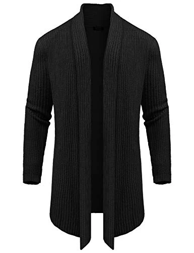 Mens Cardigan Sweaters Shawl Collar Chunky Long Sleeve Knit Trench Jacket - Black - Large