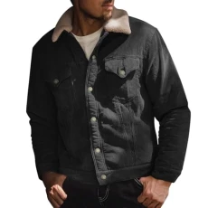 Men's Cargo Jacket Corduroy Sherpa Fleece Aviator Jacket Men Lined Autumn Winter Combat Thick Coat Lapel Collar Military Jacket Tactical Warm Windbreaker with Pockets(Black,XS)