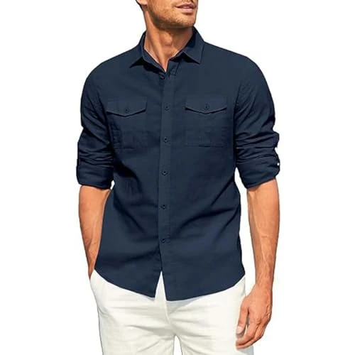 Men's Cargo Linen Shirts Long Sleeve Cotton Hemp Shirt Regular Fit Casual Work Button Down Outdoor M