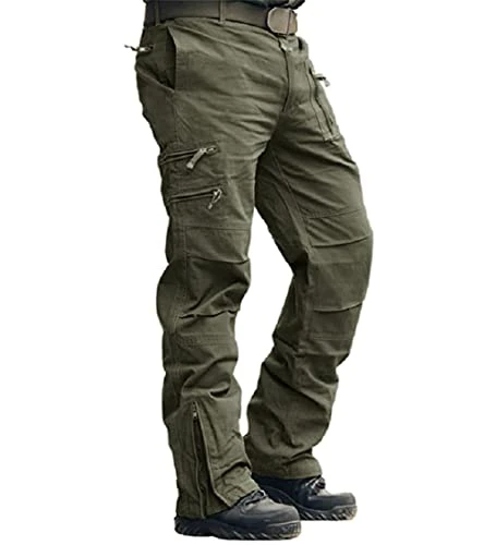 Mens Cargo Pants Multi Pocket Cotton Work Trousers Military Combat Trousers, Army Green, 32