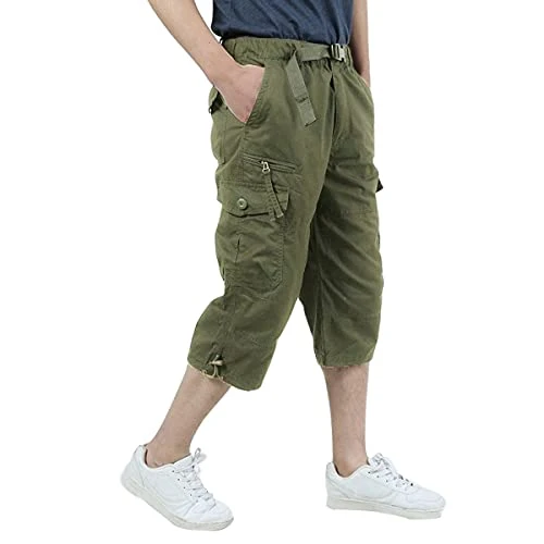 Mens Cargo Pants Summer Casual Loose Cropped Trousers Multi-Pocket Solid Color Sports Outdoor Pants 