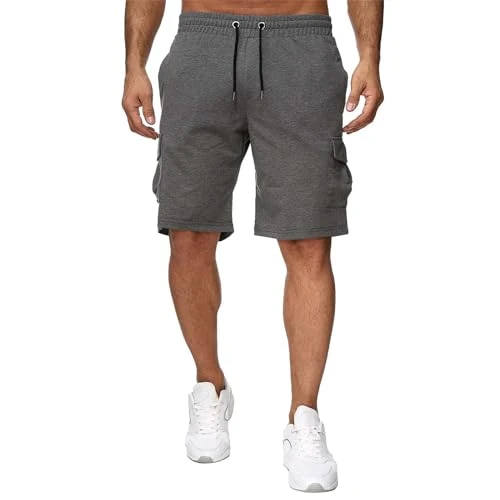 Mens Cargo Shorts Drawstring Elastic Waist Casual Shorts with Multi Pockets Summer Beach Cotton Comf