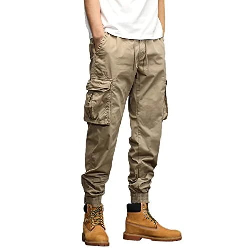 Men's Cargo Trousers Fashion Loose Cotton Plus Size Pocket Lace Up Elastic Waist Pants Overall Lined