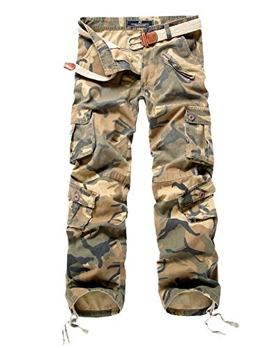 Mens Cargo Trousers Retro Casual Wide Leg Multi Pocket Combat Pants Tan Camouflage 31