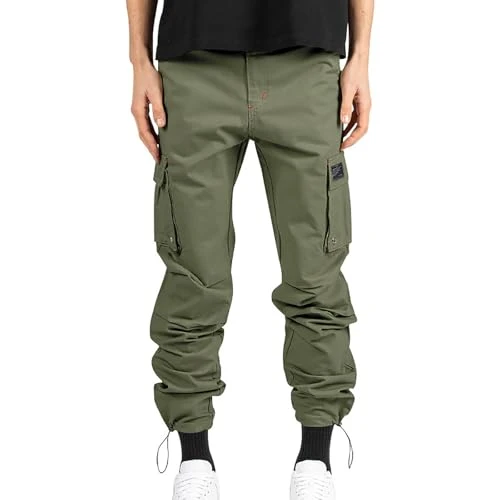 Men's Cargo Trousers Sport Pants Men's Woven Fabric with Multiple Pockets Solid Color Casual Pants A