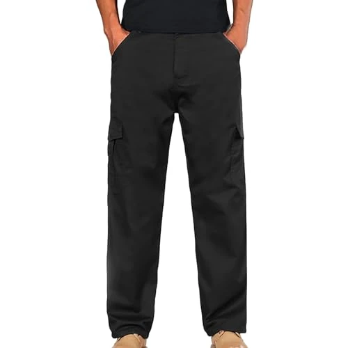Mens Cargo Trousers Trendy Solid Color Loose Fit Work Trousers with Multi-Pocket Elastic Waist Cargo Denim Trousers Casual Straight-Leg Work Pants