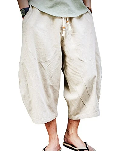 Mens Casual Baggy Cropped Trousers Chinos Cotton Linen Lightweight Elasticated Waist Wide Leg Haren 