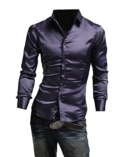 Men's Casual Bling Shiny Slim Long Sleeves Dress Shirts Solid Color Tops Purple L