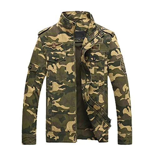 Mens Casual Bomber Jackets Coat Outerwear Cargo Stand Collar Military Camouflage Multi-Pocket Slim Fit Khaki 3XL