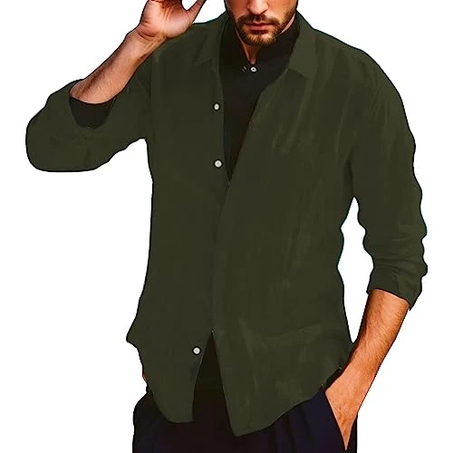 Men's Casual Button Down Shirt Long Sleeve Solid Color Shirt Tops Tall Size Shirts for Men (Green, X