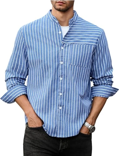 Men's Casual Button-Down Shirts Long Sleeve Striped Cuban Guayabera Band Collar with Pocket All-Day 