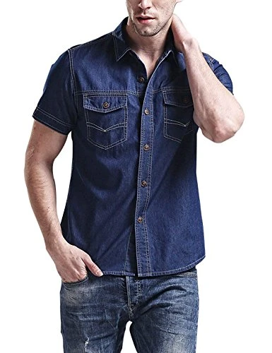 Men's Casual Button Down Slim Fit Short Sleeve Denim Shirt (Deep Blue, Asian M)