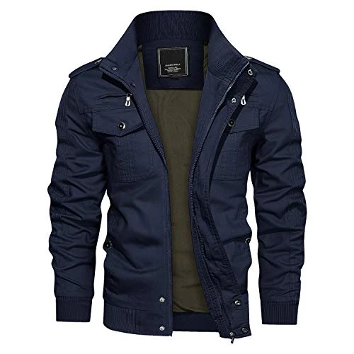 Men's Casual Cargo Jacket Autumn Military Bomber Jackets Windbreaker Coat, Navy Blue, L