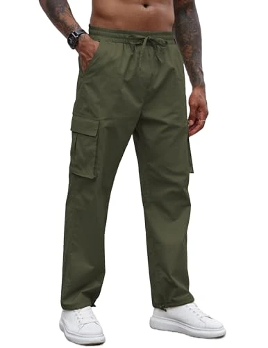 Men's Casual Cargo Pants Cotton Drawstring Athletic Jogger Sweatpants, Army Green, Medium