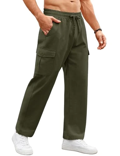 Mens Casual Cargo Pants Relaxed Fit Outdoor Hiking Pants Cotton Drawstring Sweatpants with Pockets, 