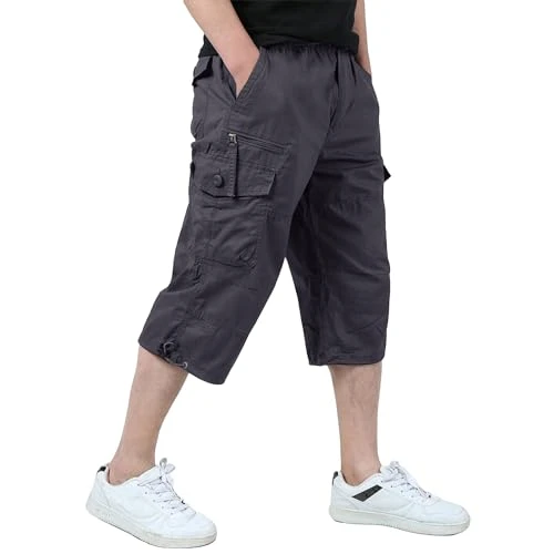 Men's Casual Cargo Shorts Elastic Waist Long Shorts Outdoor 3/4 Length Capri Shorts , Gray, 40