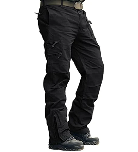 Mens Casual Cargo Trousers Military Style Army Tactical Pants, Black, 36